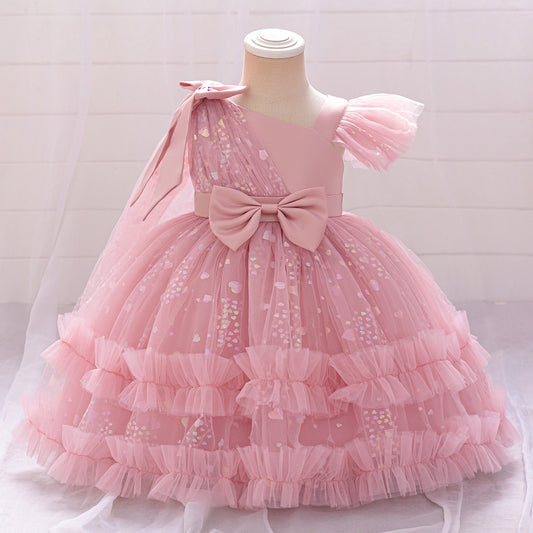 One-Year-Old Baby Girl Formal Dress with Bowknot Design