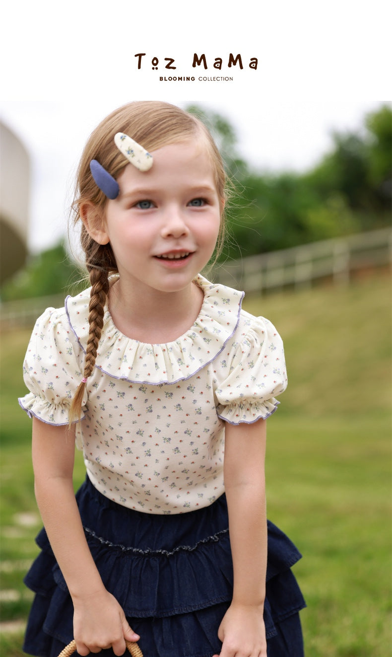 Cute Girls' Short-Sleeved Blouse with Floral Prints